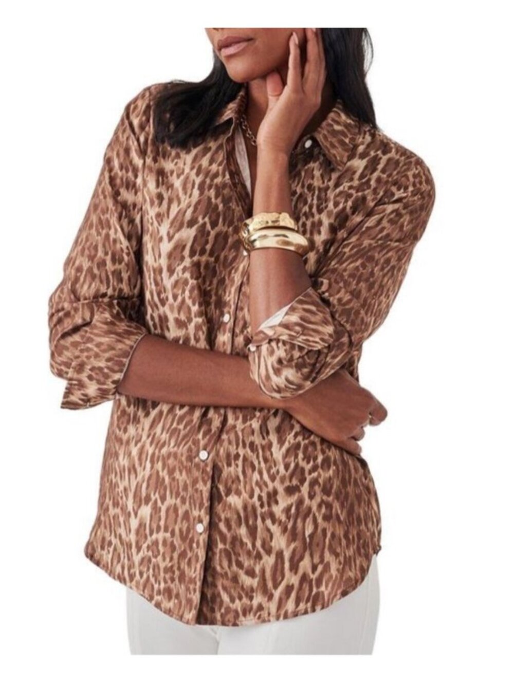 J.McLaughlin Womens Sz L Leopard Print Silk-Blend Button-Down Blouse Long Sleeve
